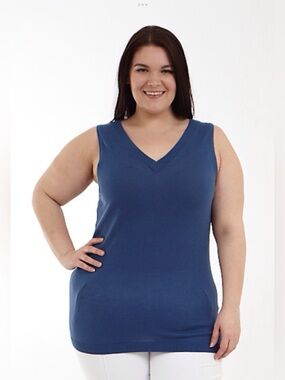 Plus (Full Figure) V-Neck Sleeveless Knit Tank Top-Indigo